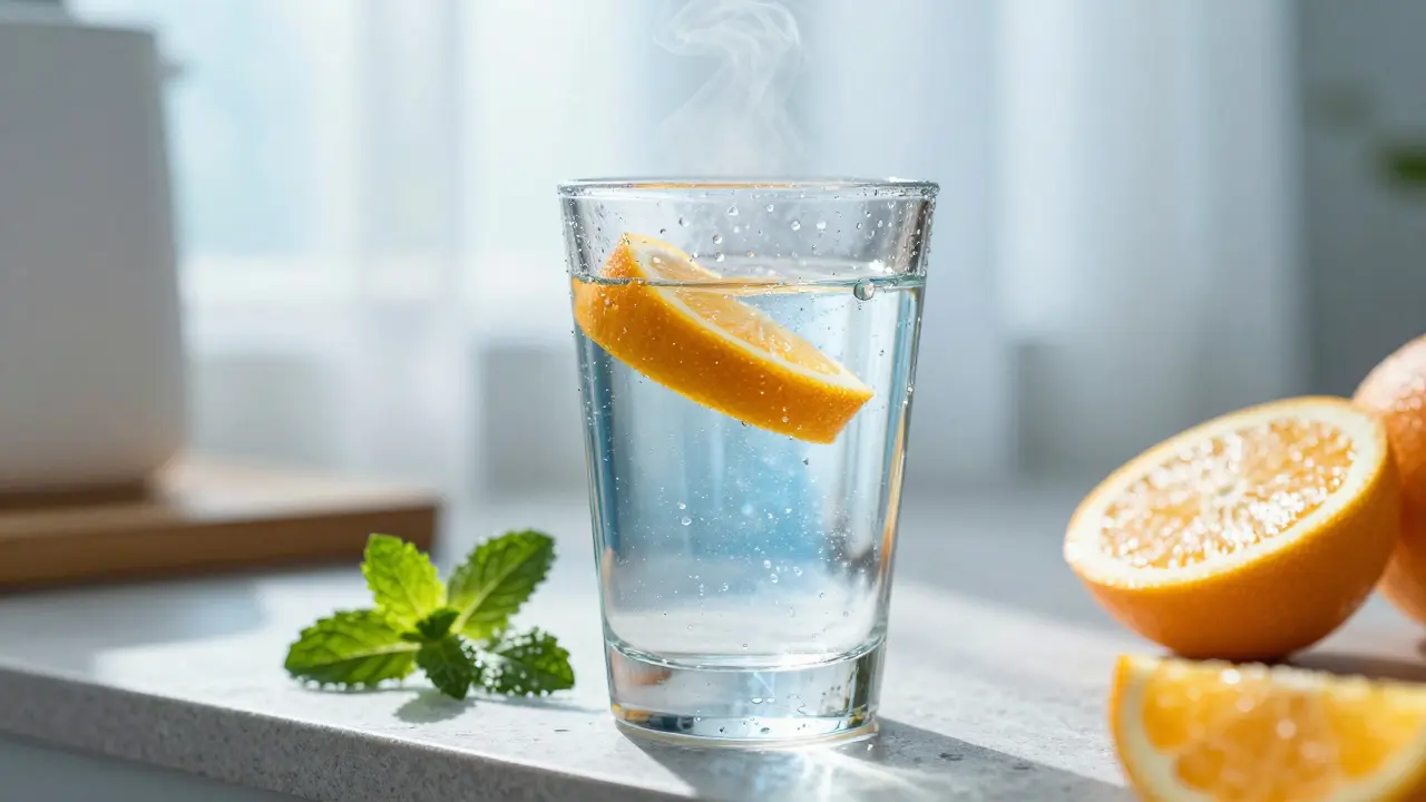 Sklenice vody s citronem a mátou v ranním slunci na kamenném pultu.