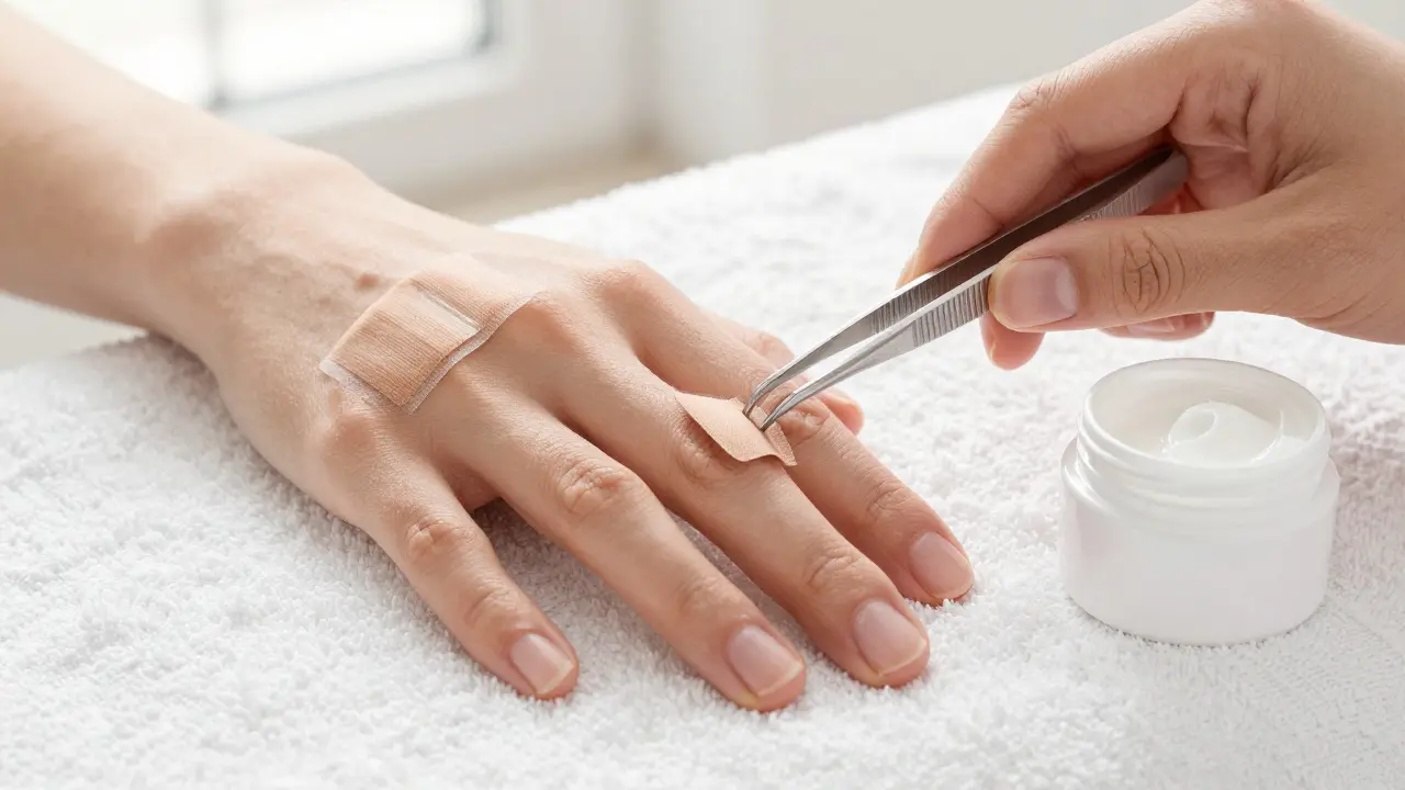 Sterilní neklejivý obvaz je jemně aplikován na poškozené nehtové lůžko.