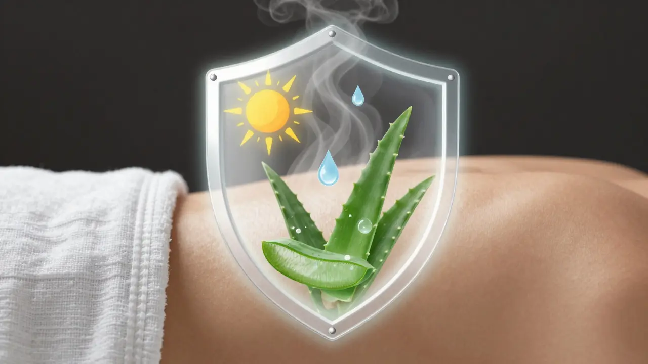 Symbolická ochranná bariéra kolem epilované kůže, blokující podráždění, jen voda a aloe vera procházejí.