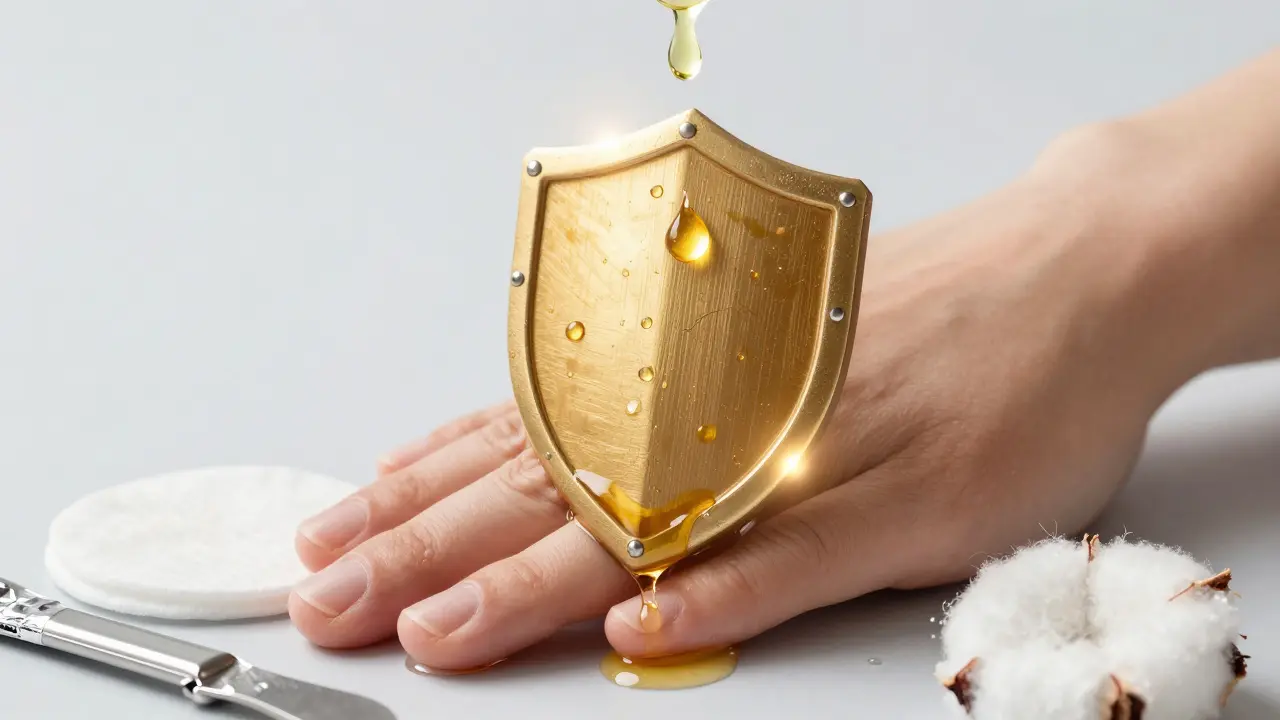 Symbolický obraz nehtu jako chráněné struktury obnovované olejem a jemným odstraňováním.