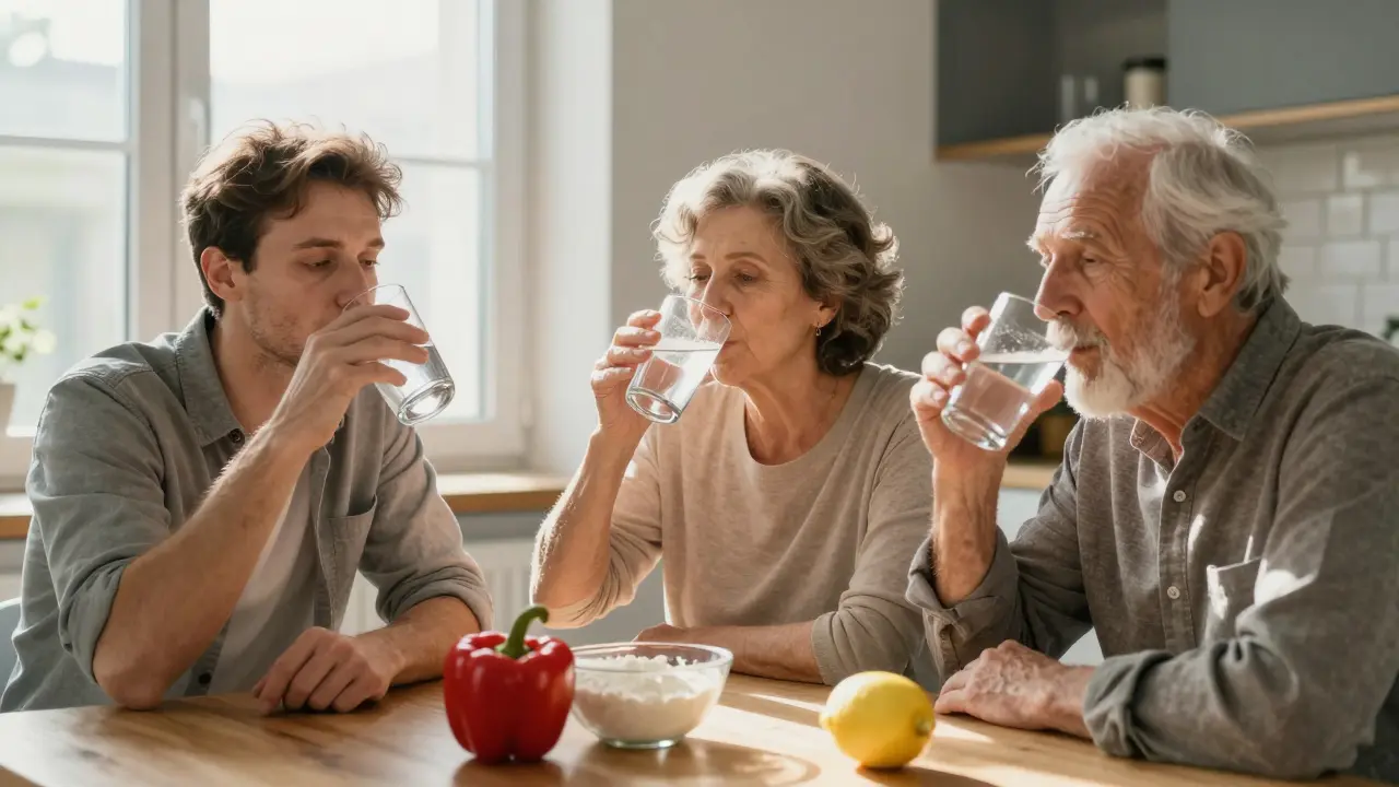Tři generace Čechů společně u snídaně s kolagenem a citrusy na stole.