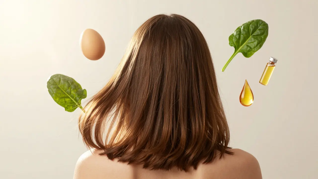 Vlasy s objemem v okruhu výživových prvků: vejce, špenát, olej a biotin.