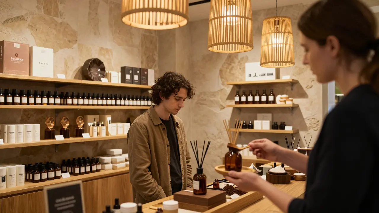 Vnitřek obchodu Rituals v Praze s přírodními materiály, zákazník vdychující vůni a zaměstnanec nabízející vzorek.