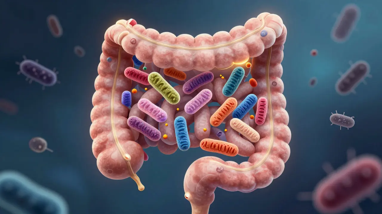 Vnitřní trávicí trakt s živými prospěšnými bakteriemi obnovujícími střevní mikroflóru po antibiotikách.