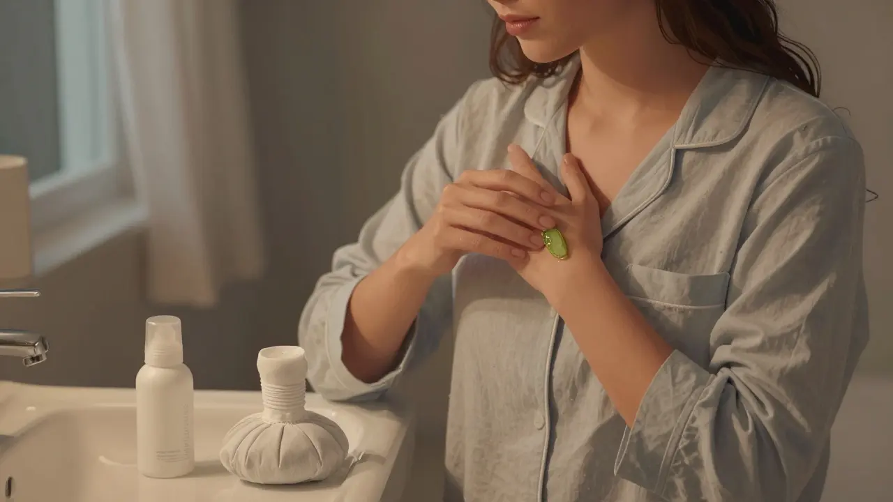 Žena aplikuje aloe veru na podpaží večer, volný oblek, klidné osvětlení.