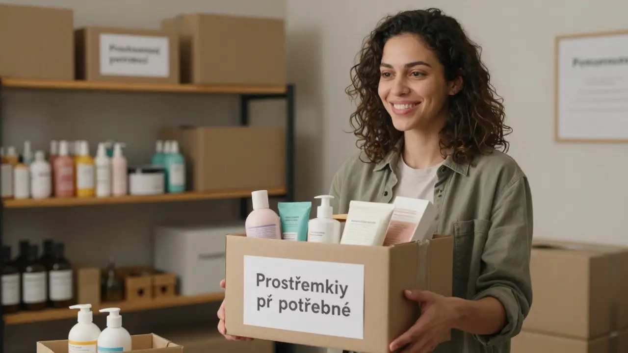 Žena předává nepoužité tělové produkty do útěku pro bezdomovce.