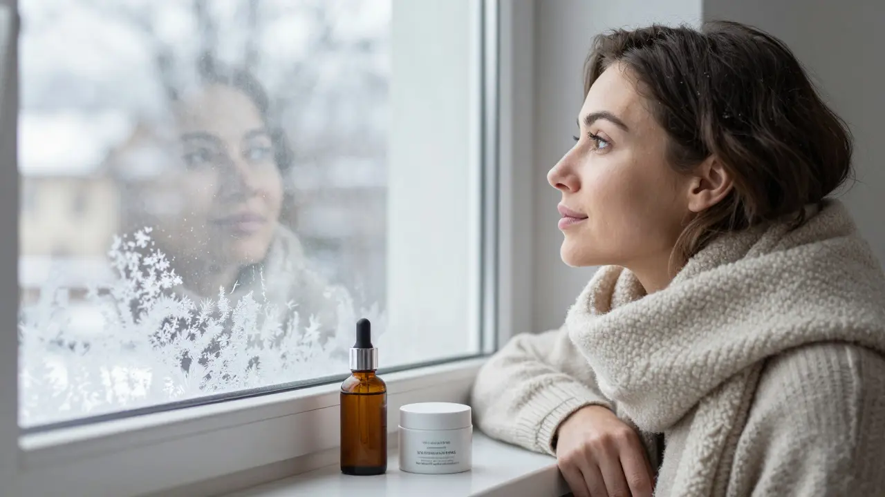 Žena v zimním Brně s zdravou pokožkou, vedle ní sérum a krém na koupelně.