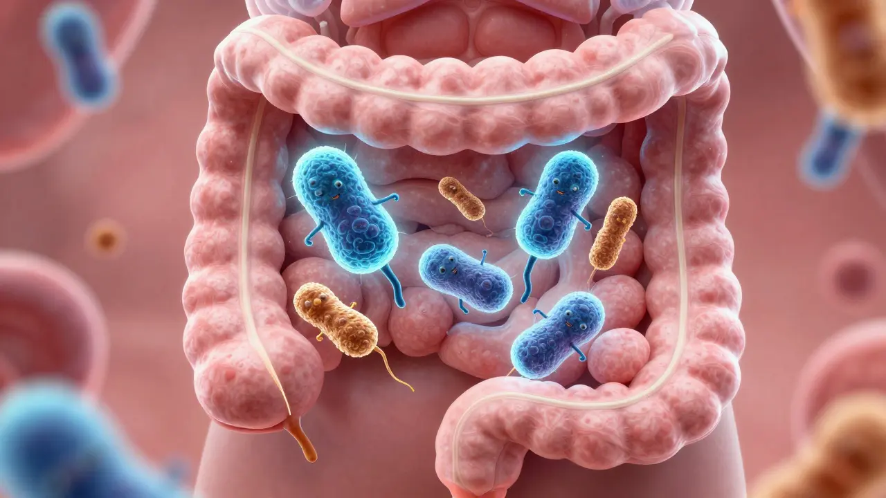 3D ilustrace probiotických bakterií kolonizujících střevní stěnu.