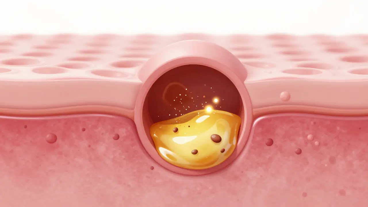 3D schéma póru v kůži ucpavaného mazem a působení kyseliny BHA.