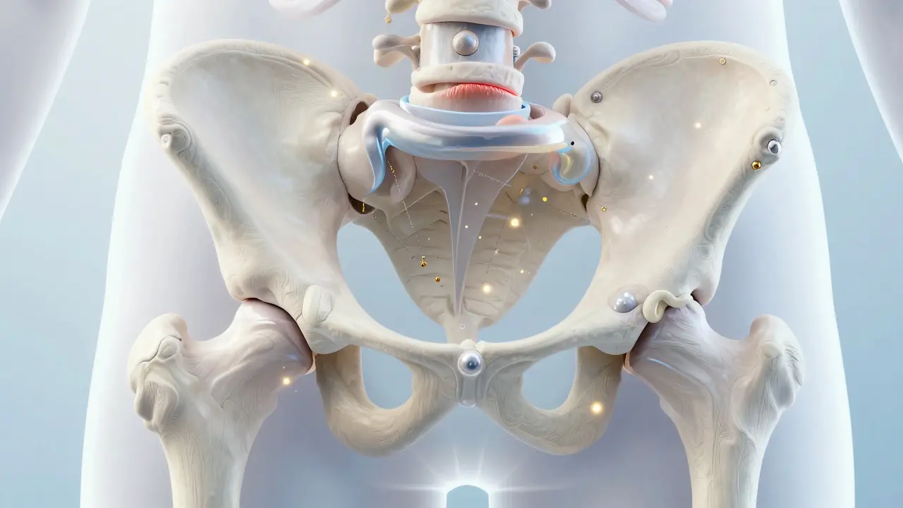 3D vizualizace regenerace chrupavky v kyčelním kloubu pomocí kolagenu.