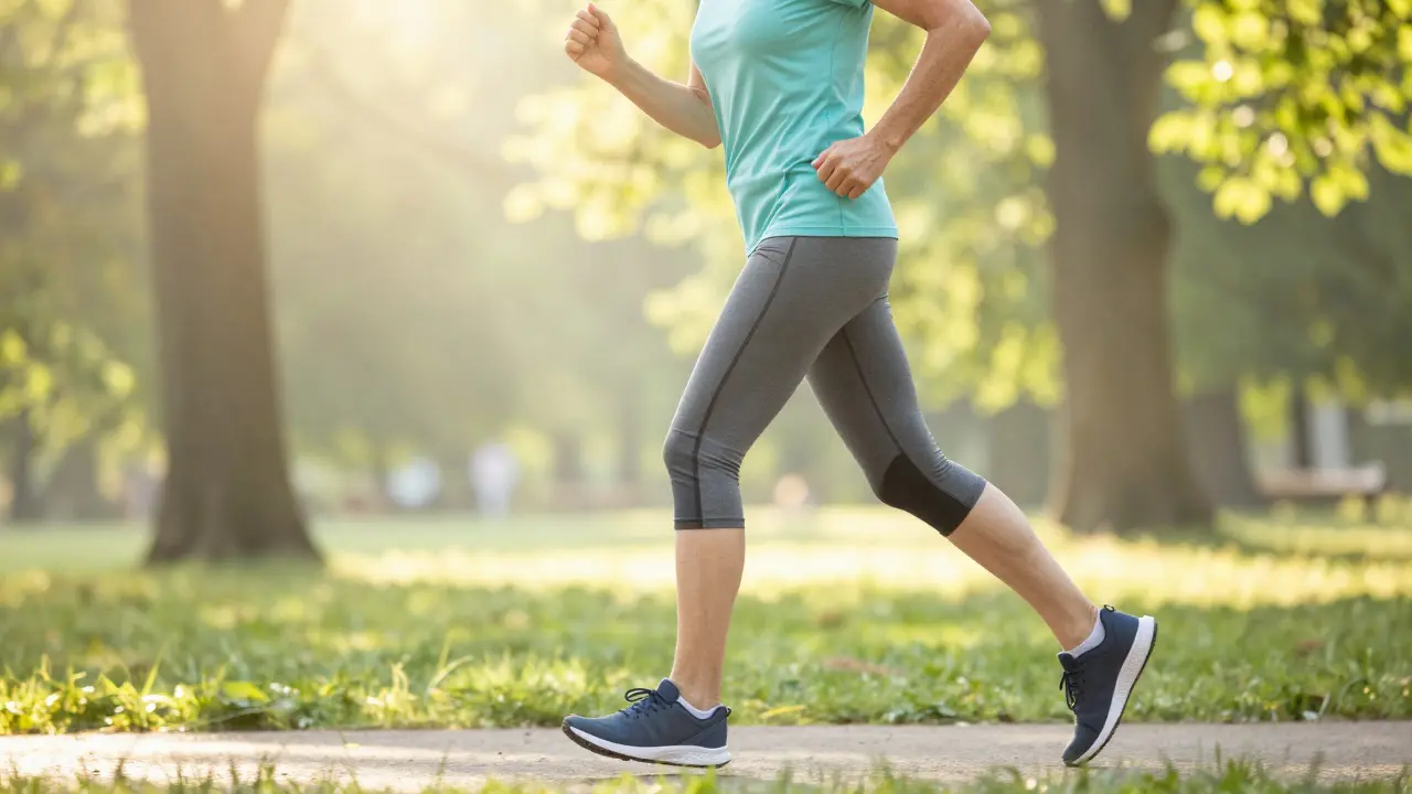 Aktivní osoba při ranní procházce v parku, znázornující pružnost kloubů.