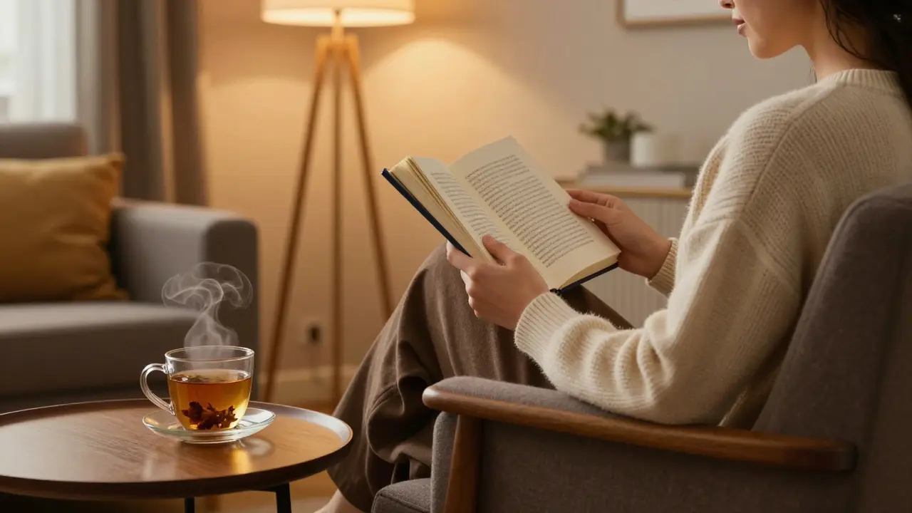 Člověk relaxuje v nově zařazeném obývacím pokoji s knihou a bylinkovým čajem.