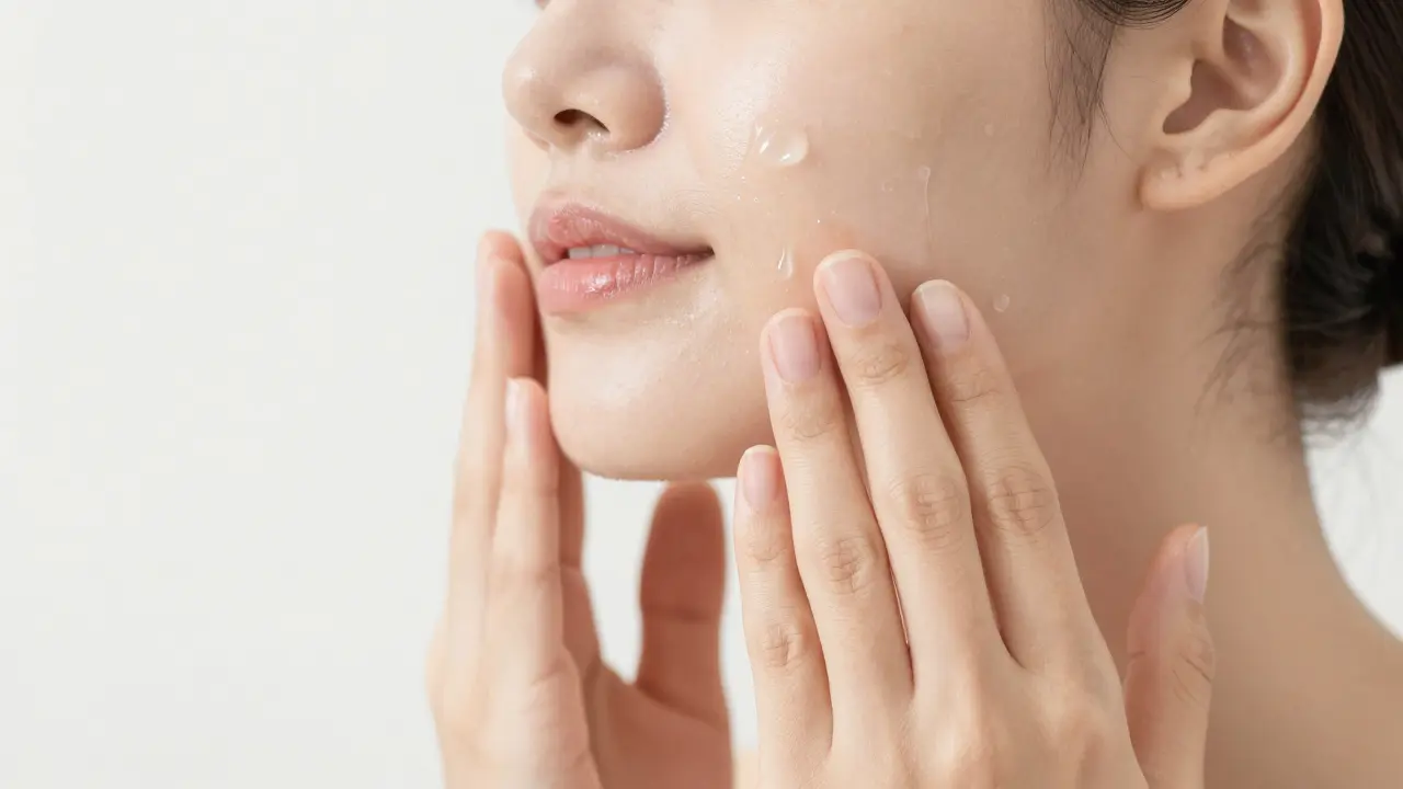 Detail nanášení pleťového toniku vklopáním dlaní do tváře.