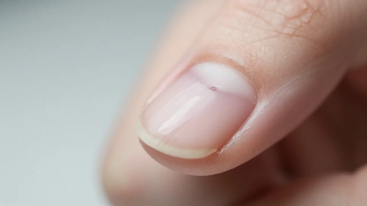 Detail odrostlého nehtu s lakem Shellac a jemným odlepováním okraje.