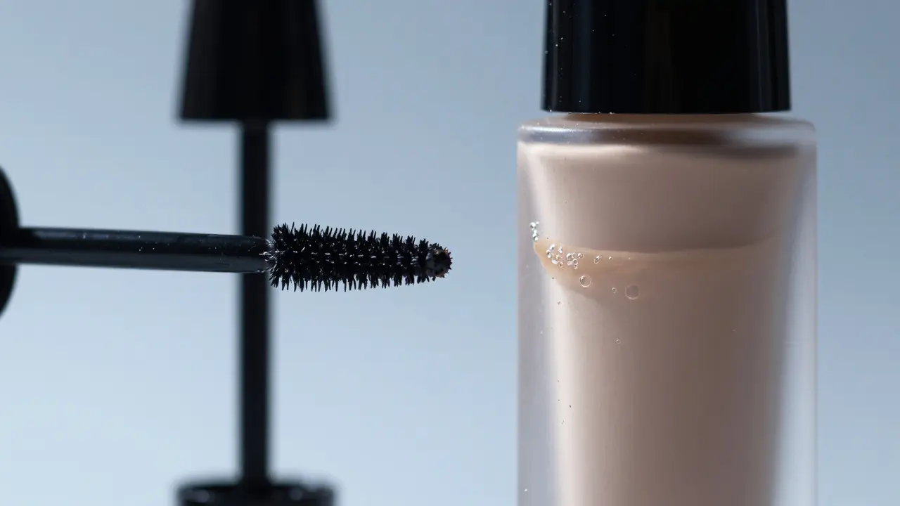 Detail rozvrstveného tekutého podkladu a hrudkovité řasenky.