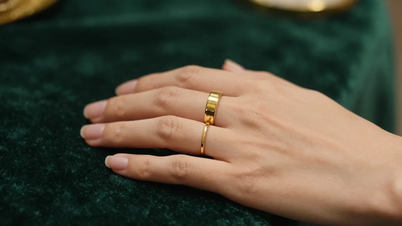 Detail ruky s masivním a tenkým zlatým prstenem na smaragdovém sameti.