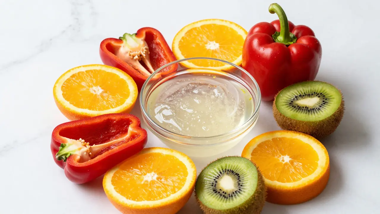 Kombinace průzračné želatiny s čerstvými citrusy a červenou paprikou.