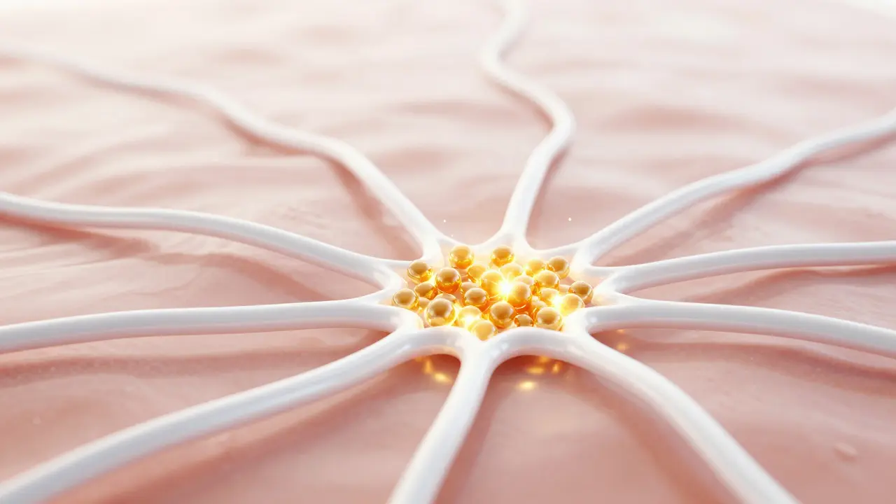 Konceptuální 3D znázornění kolagenové sítě v kůži s aktivními vitamíny.