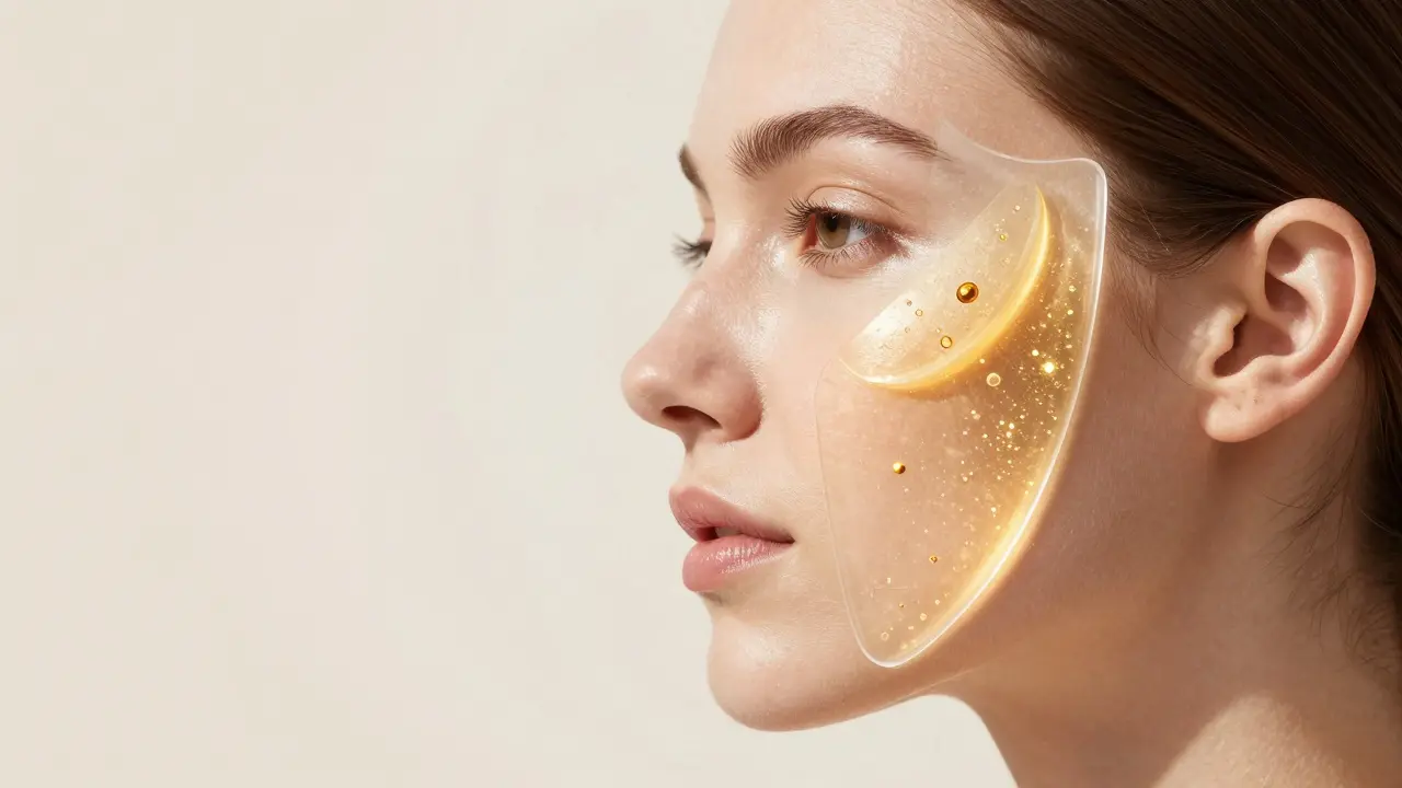 Konceptuální obraz ženy s zářivou pletí chráněnou zlatým ochranným štítem antioxidantů.