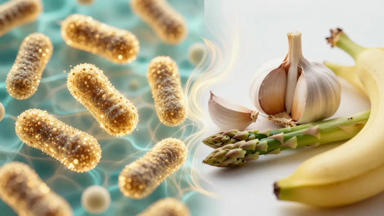 Konceptuální znázornění prospěšných bakterií vedle česneku, chřestu a banánu.