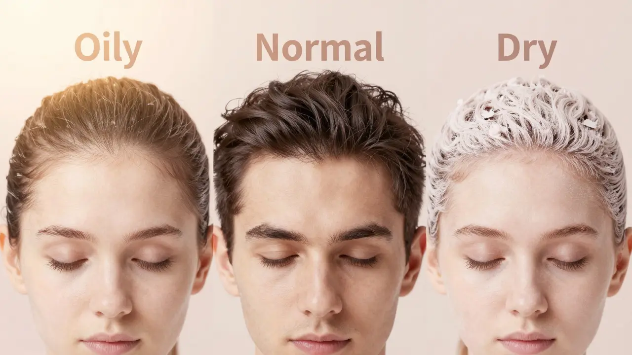 Konceptuální zobrazení tří typů pokožky hlavy: mastné, normální a suché.