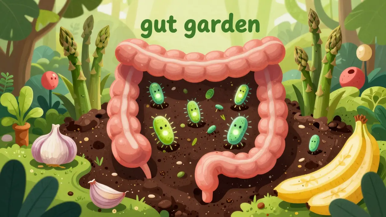 Kreativní znázornění střev jako zahrady s probiotiky a prebiotickou potravou.