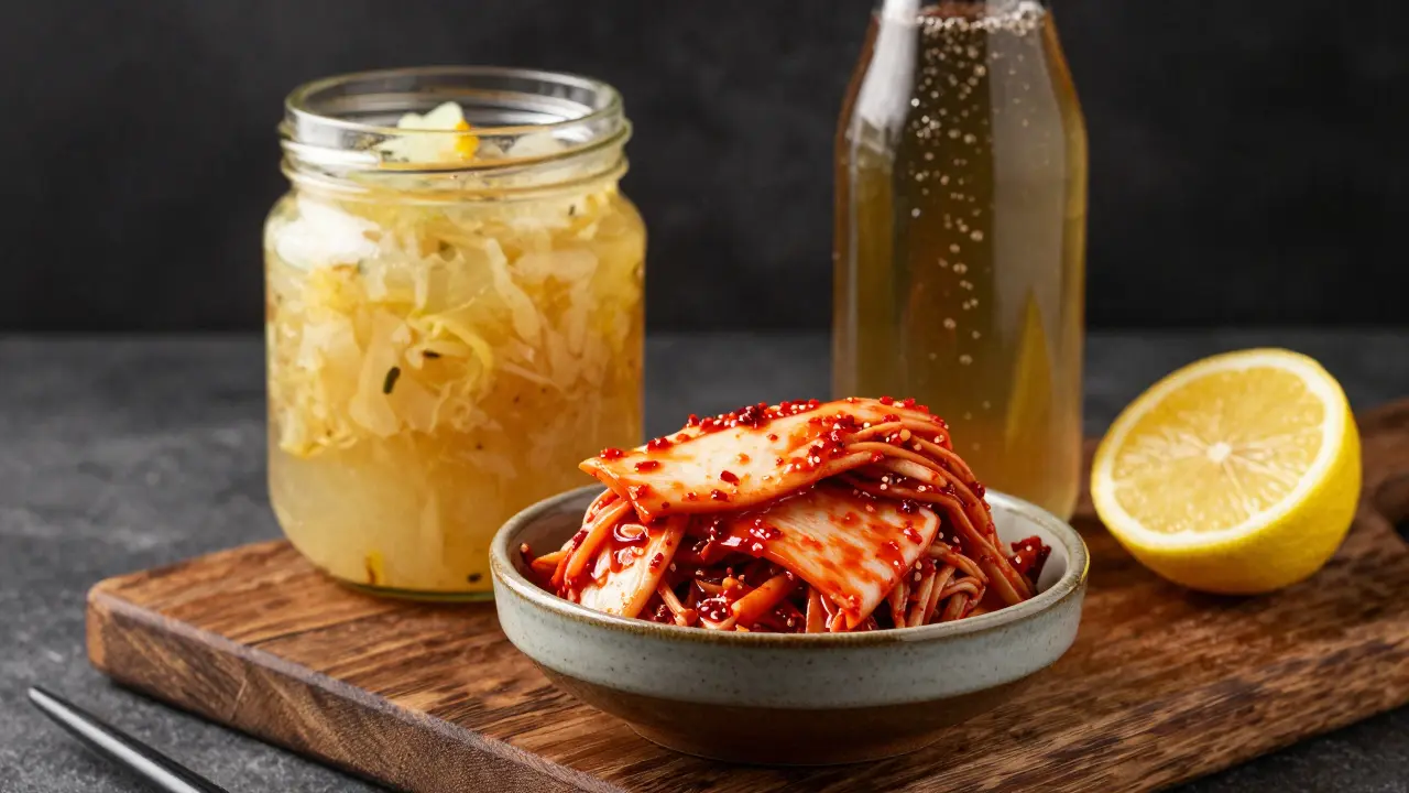 Misky s kimchi a kysaným zelím vedle lahve perlivé kombuchy.