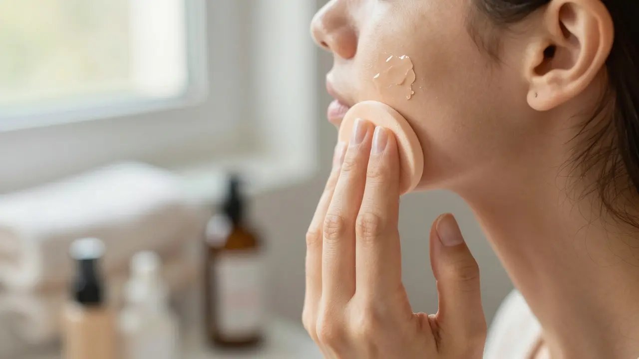 Nanášení průhledného primeru na tvář pomocí makeup houbičky.