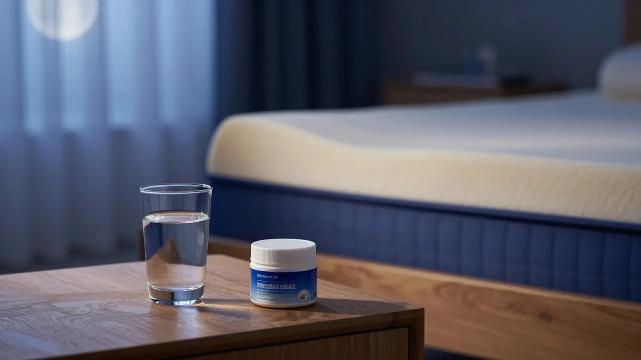 Noční rituál pro regeneraci kyčlí s doplňky stravy a kvalitní matrací.