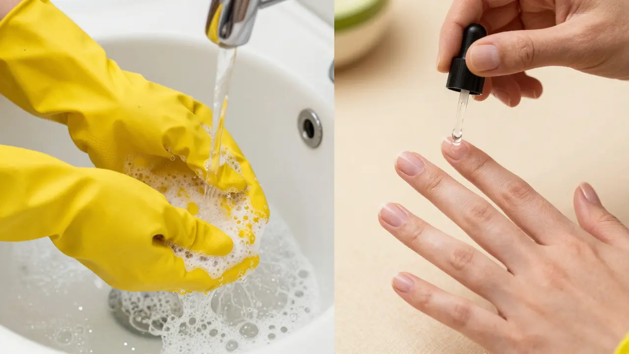 Rukavice při mytí nádobí a aplikace olejíku na nehtové kůžičky.