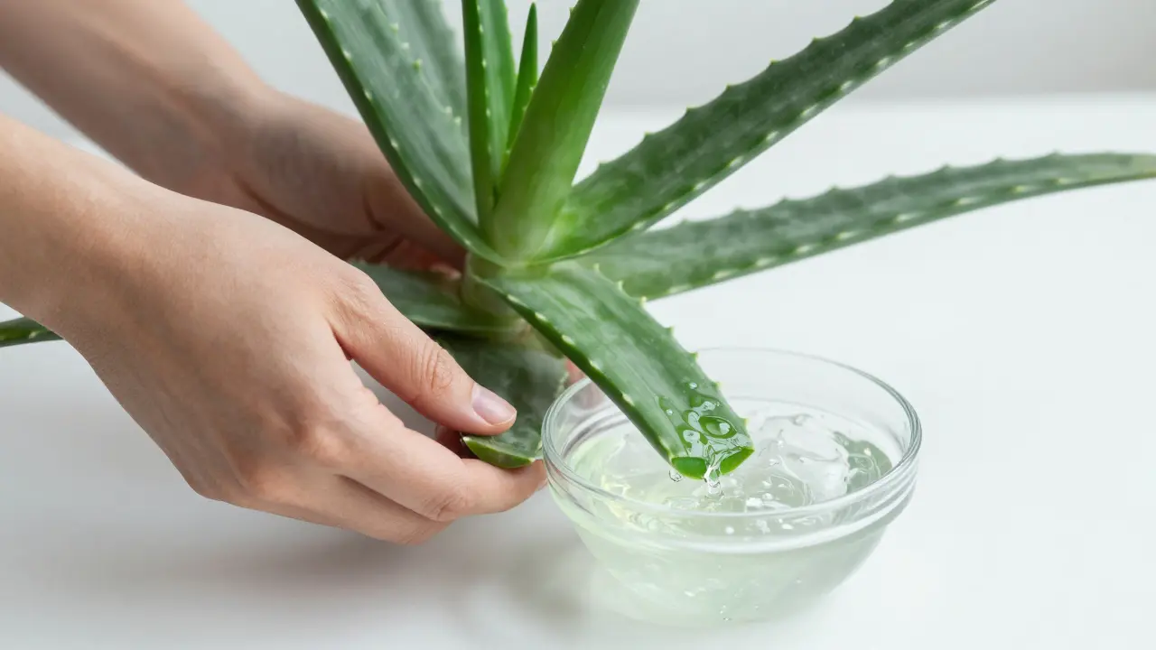 Ruky sbírající spodní list aloe vera pro získání léčivého gelu.