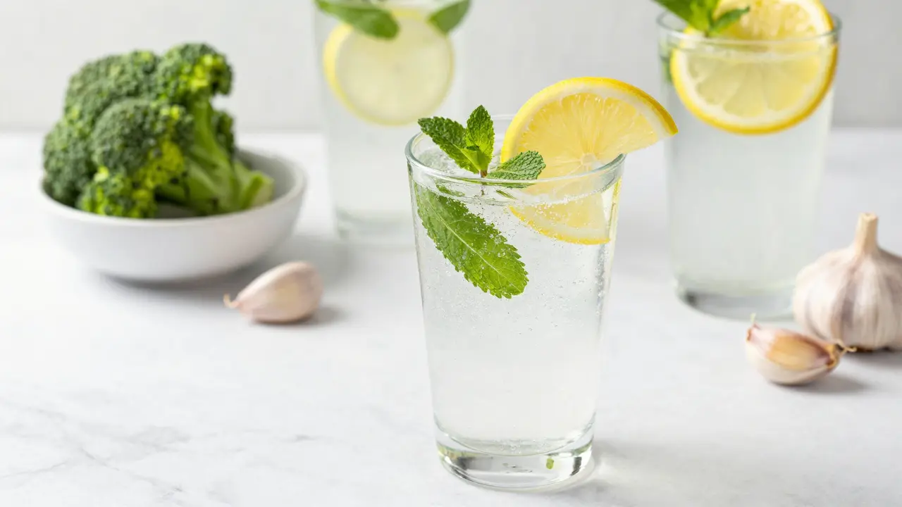 Sada elegantních nealkoholických drinků s citronem a bylinkami na bílém stole.