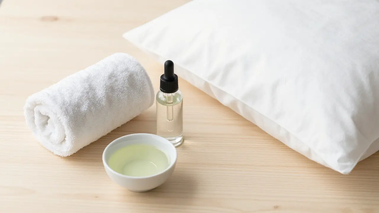 Sada produktů pro péči o pleť s akné, termasuk ručník a sérum.