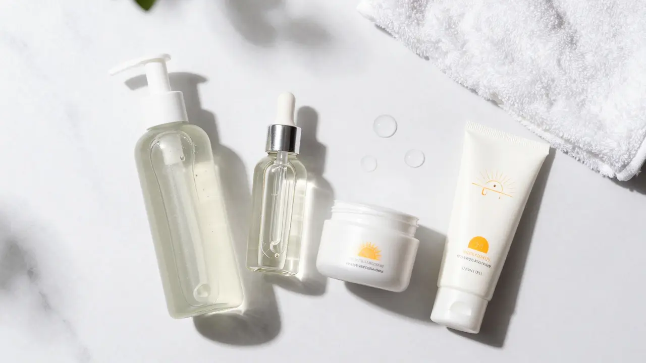 Sada produktů pro základní péči o pleť: čistič, sérum, krém a SPF ochrana.