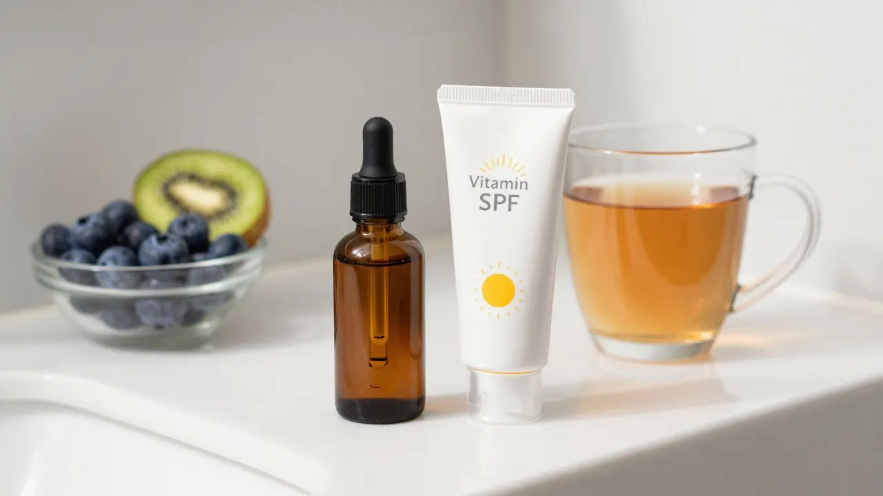 Sérum s vitamínem C, SPF krém a zdravá snídaně na koupelnovém stole.