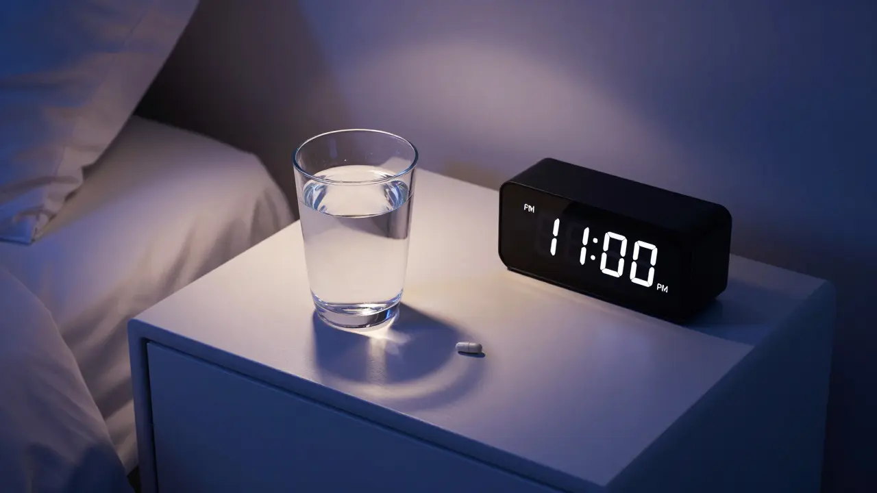 Sklenice vody a probiotická kapsle na nočním stolku před spaním.