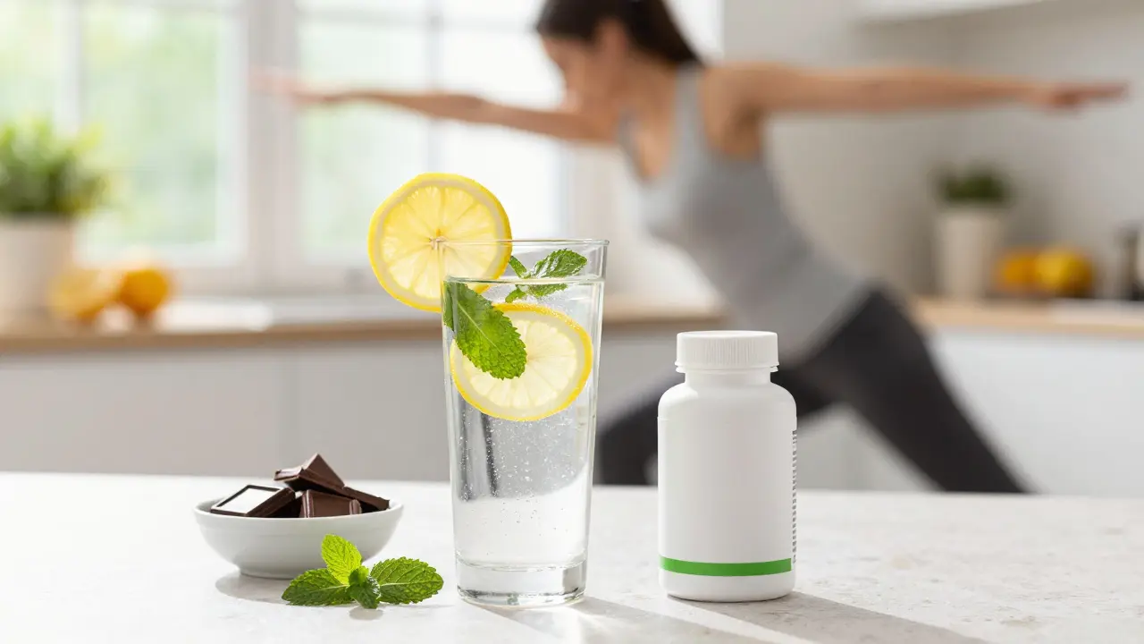 Sklenice vody s citronem a mátou vedle čokolády a doplňků stravy pro zdravý detox.