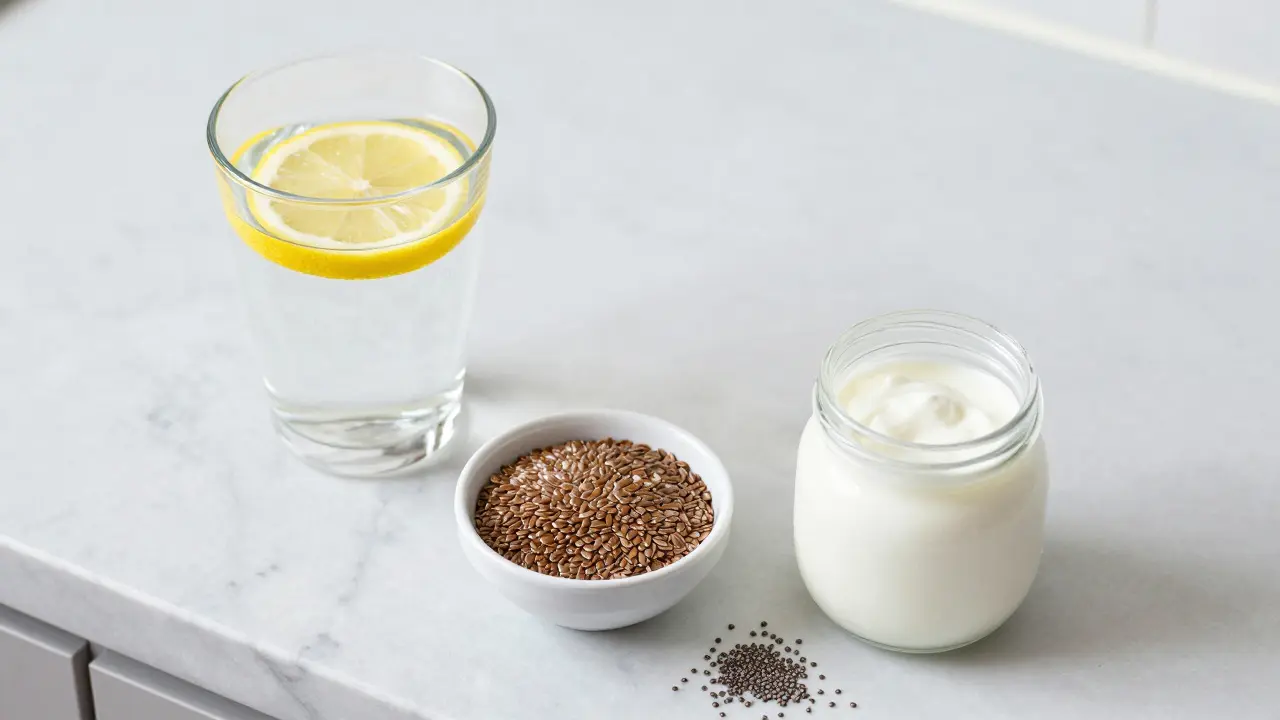 Sklenice vody s citronem, lněná semínka a kefýr na stole