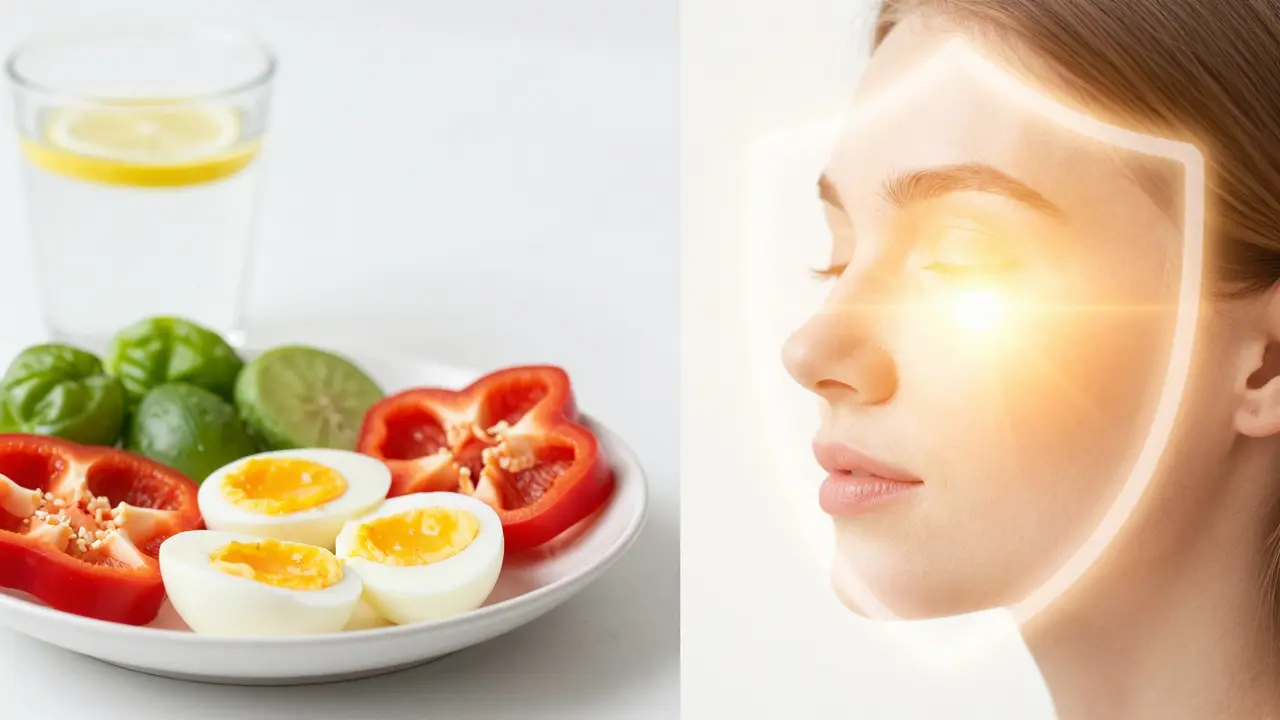 Snídaně s vajíčky a paprikou vedle symbolického ochranného štítu pleti.