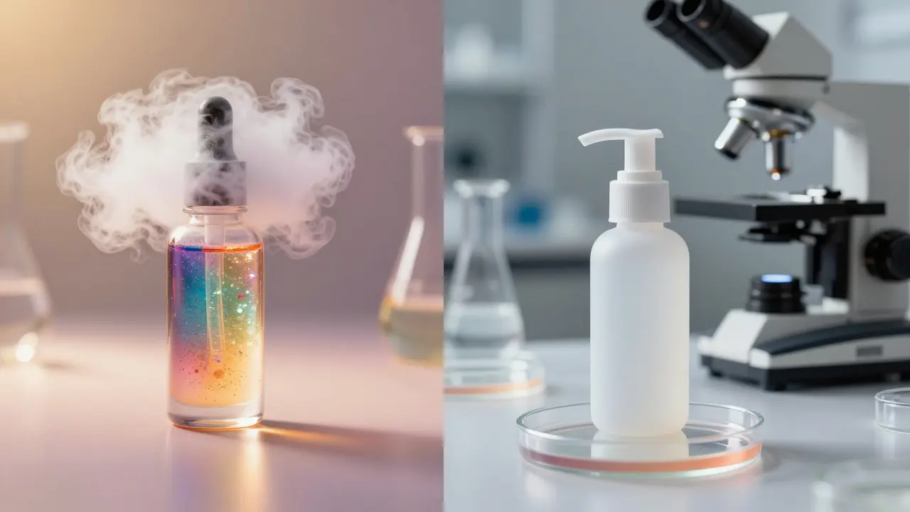 Srovnání barevné běžné kosmetiky a minimalistické dermokosmetiky v laboratoři.