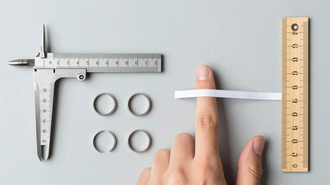 Srovnání profesionálního měřidla prstenů s domácí metodou pomocí papíru a pravítka.