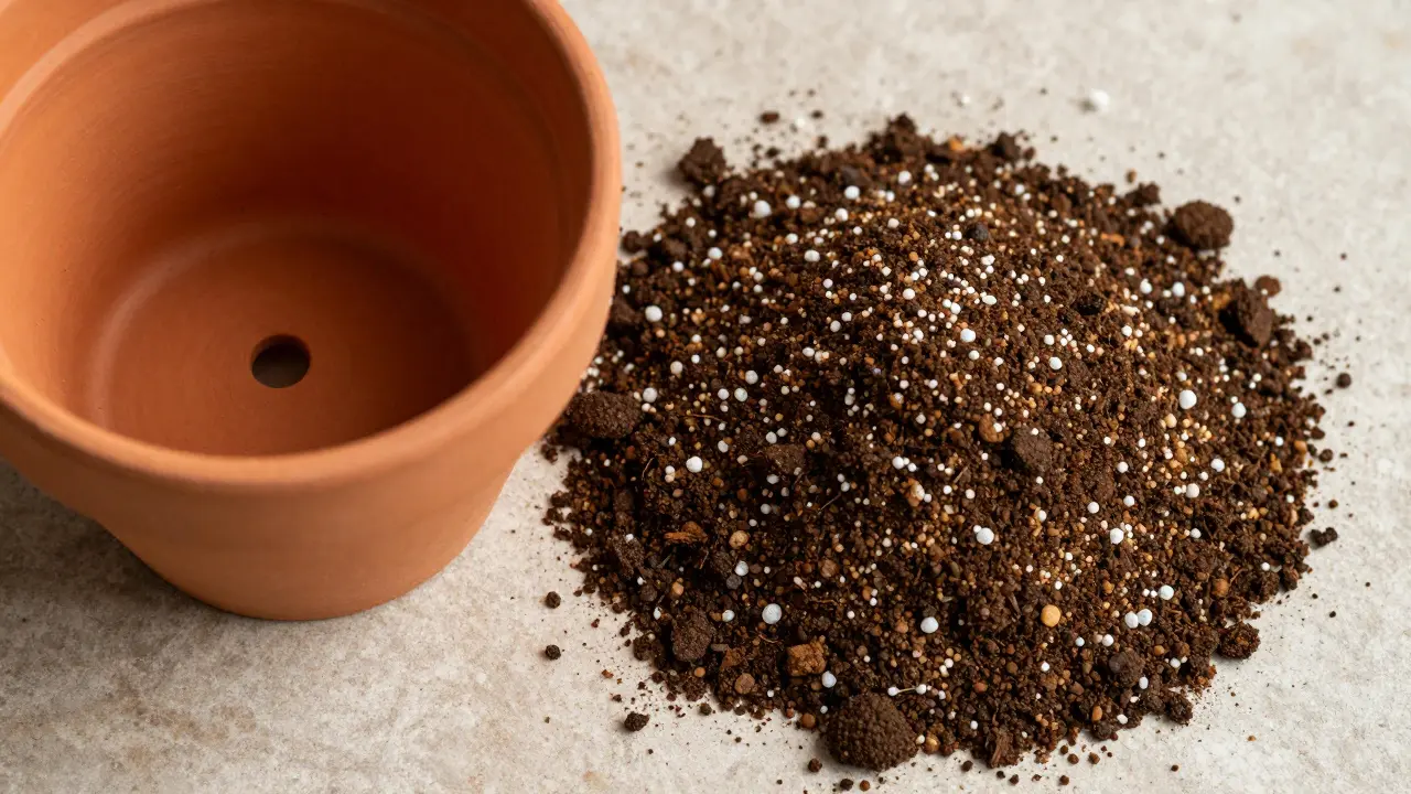 Terakotový květnič a propustná směs písku a substrátu pro sukulenty.