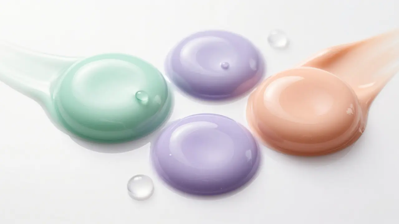 Tři kapky barevného primeru v zelené, fialové a broskvové barvě.