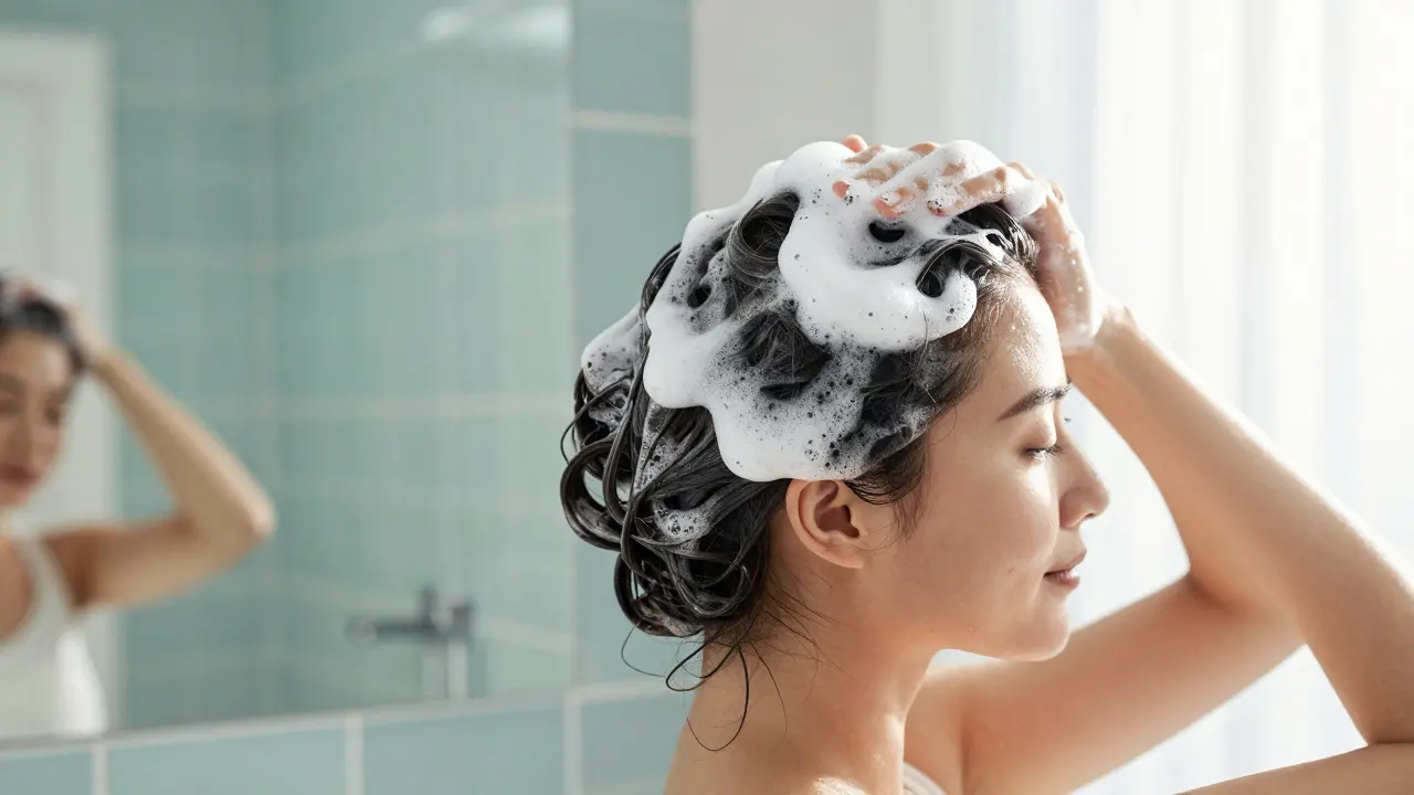Žena aplikující šampon jemně do kořínků vlasů v bright moderní koupelně.