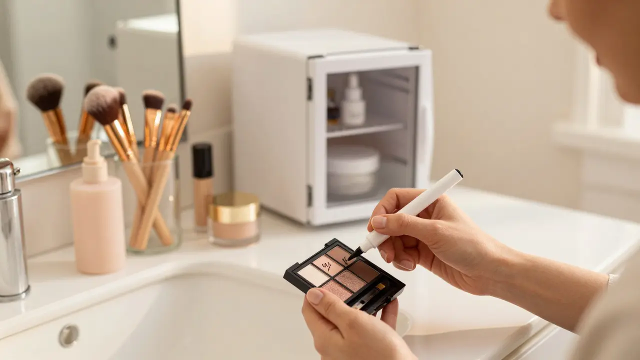 Žena zapisuje datum otevření na spodní stranu palety stínů.