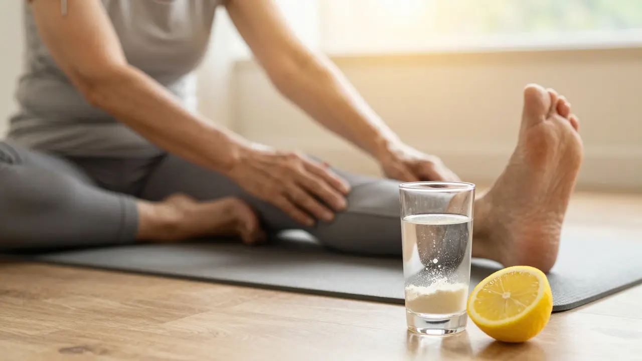 Aktivní osoba při protahování s nápojem bohatým na vitamin C