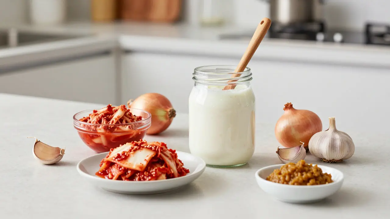 Čerstvé přírodní probiotika: kefír, kimchi, zelí a miso na kuchyňském pultu