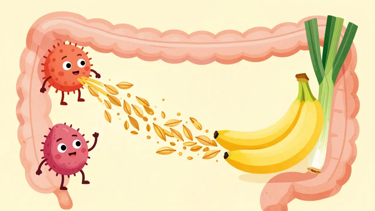 Ilustrace symbiózy mezi prebiotiky a probiotickými bakteriemi v trávicím traktu