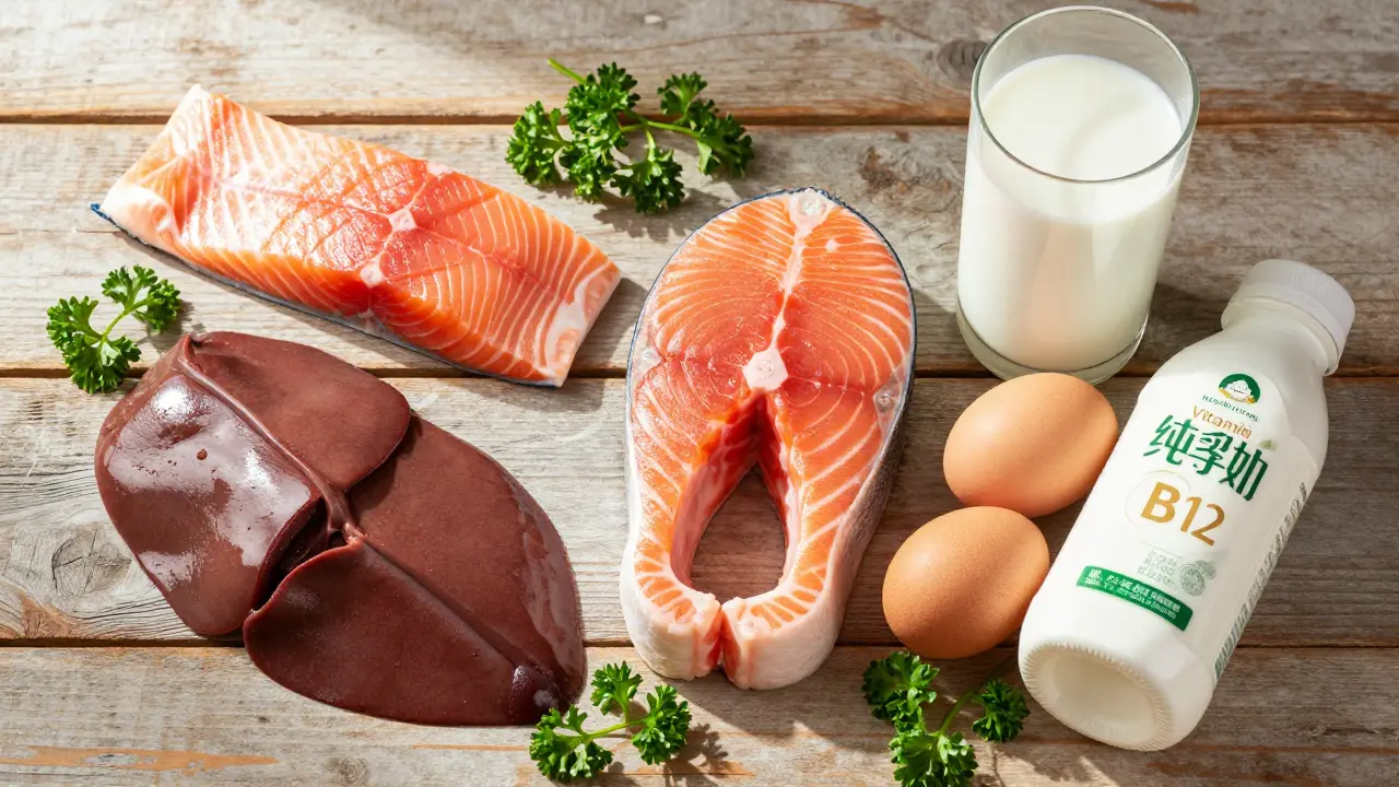 Jídla bohatá na vitamín B12 jako maso, ryby, vejce a mléčné výrobky