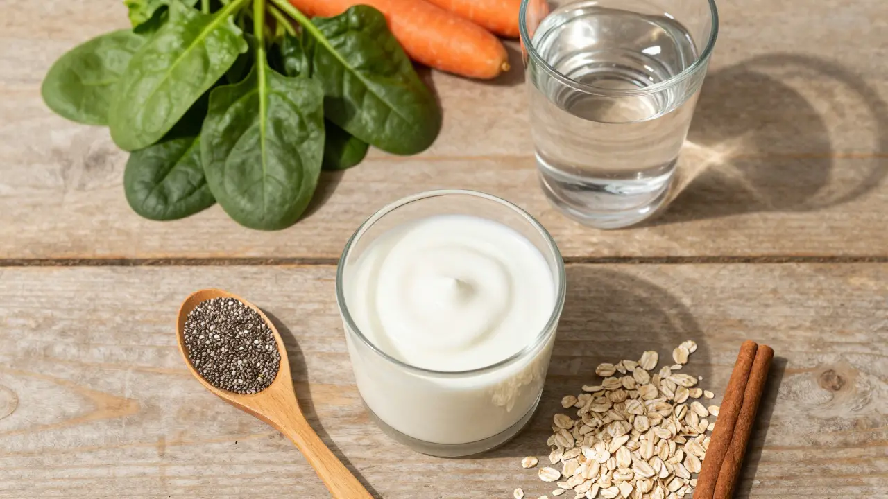 Jogurt s chia semínky, ovesem a zeleninou na dřevěném stole
